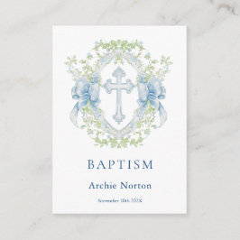 Cartão De Informações Cruz de Batismo Brasão Folhagem Menino Bebê