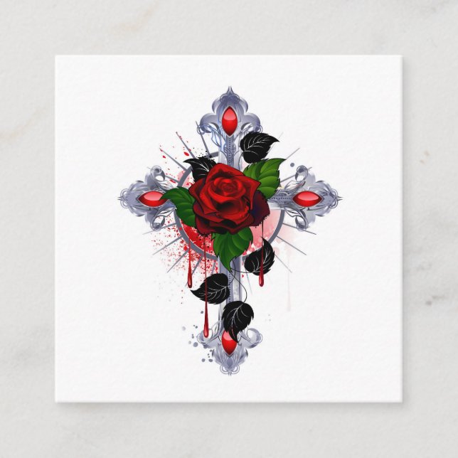 Cartão De Informações Cruz de Prata com Rosa vermelha (Frente)