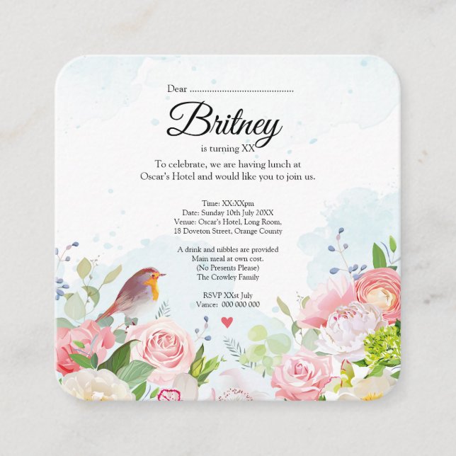 Cartão De Informações Customisable Female Birthday Invitation – Editable (Frente)