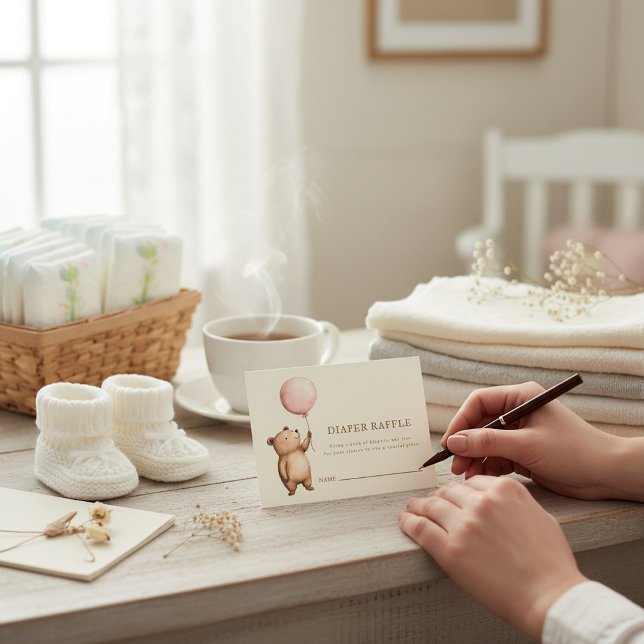 Cartão De Informações Cute Bear Pink Balloon Diaper Raffle Baby Shower  (Criador carregado)