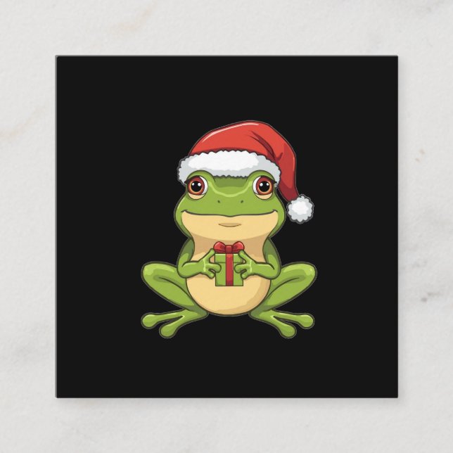 Cartão De Informações Cute Christmas Frog with Santa Hat Holding  Gift - (Frente)