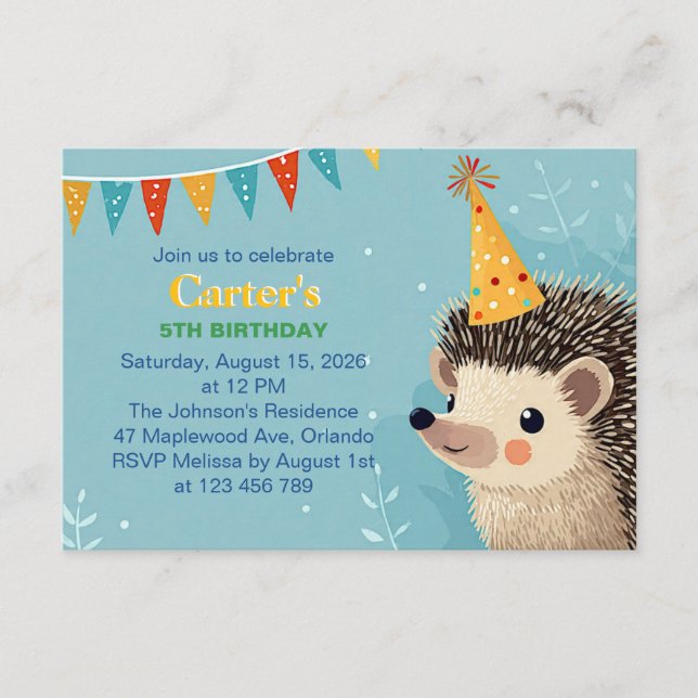 Cartão De Informações Cute Hedgehog Birthday Party Invitation (Frente)