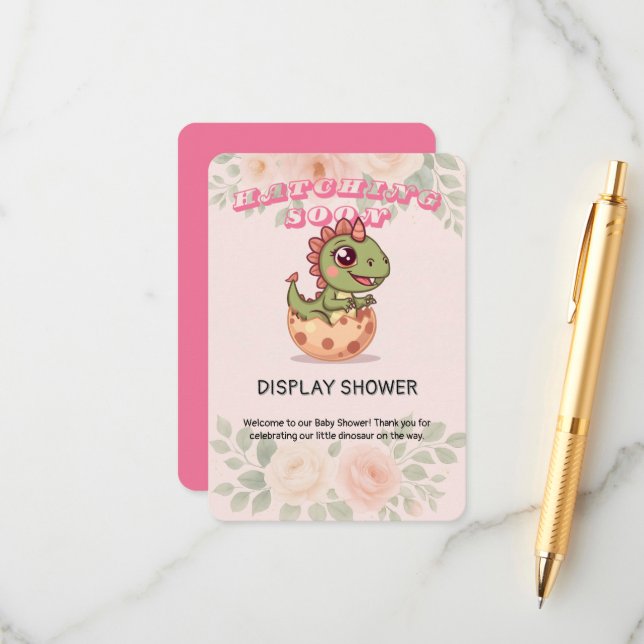 Cartão De Informações Cute Pink Dino Hatching Soon (Frente/Verso In Situ)