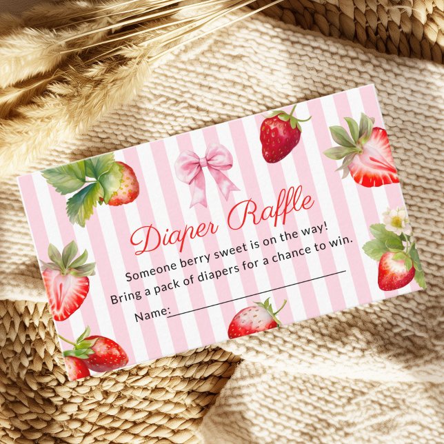 Cartão De Informações Cute Strawberry Diaper Raffle Baby Shower (Pink stripe background strawberry Baby shower diaper raffle card)