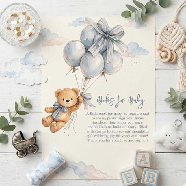 Cartão De Informações Cute Teddy Bear Blue Balloons Clouds Baby Boy (Criador carregado)