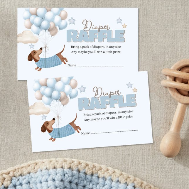 Cartão De Informações Dachshund and Balloons Blue Diaper Raffle (Baby Shower Diaper Raffle Tickets. Dachshund and balloons design in blue and beige)