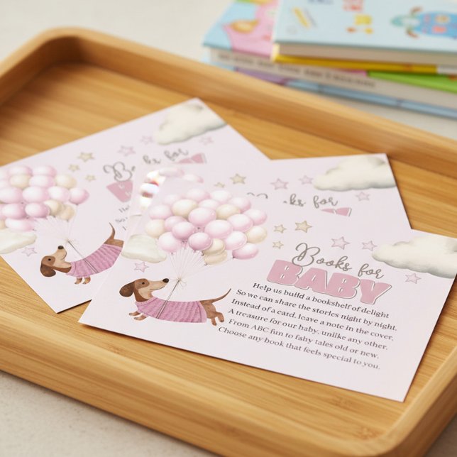 Cartão De Informações Dachshund and Balloons Pink Books for Baby Shower (Dachshund Teenie Weenie Books for Baby Card - Girl Baby Shower stationery.)