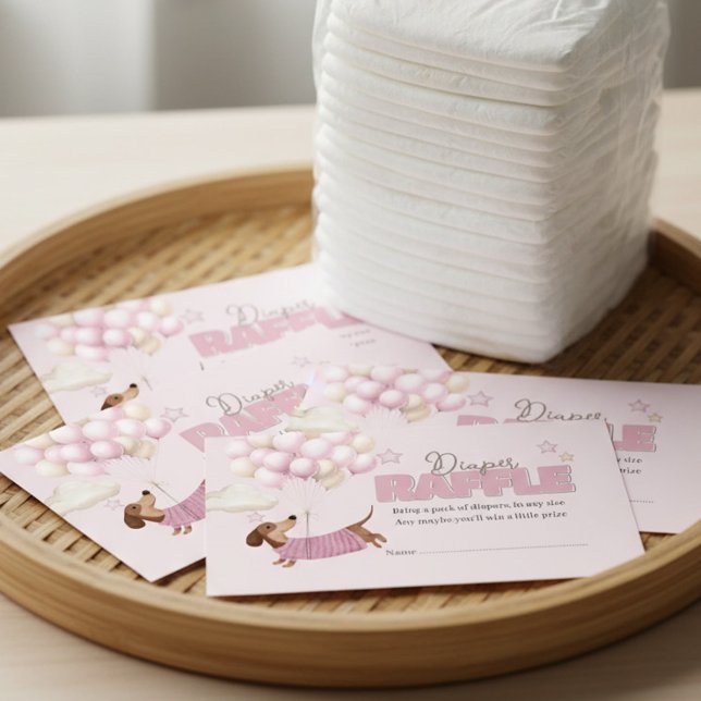Cartão De Informações Dachshund and Balloons Pink Diaper Raffle (Dachshund Teenie Weenie Diaper Raffle Card - Girl Baby Shower stationery.)