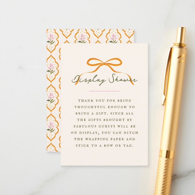 Cartão De Informações Dainty Orange Bow Baby Display Shower (Frente/Verso In Situ)