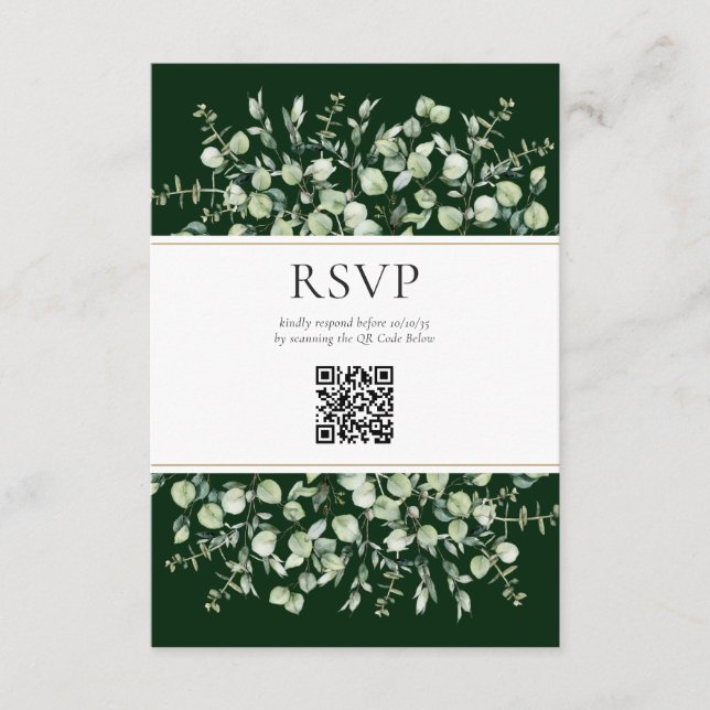 Cartão De Informações Dark Green Eucalyptus QR Code Wedding RSVP  (Frente)