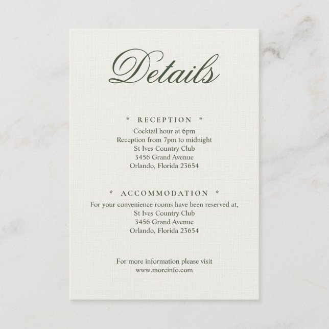 Cartão De Informações Dark Green Greenery Wedding Calligraphy Details (Frente)