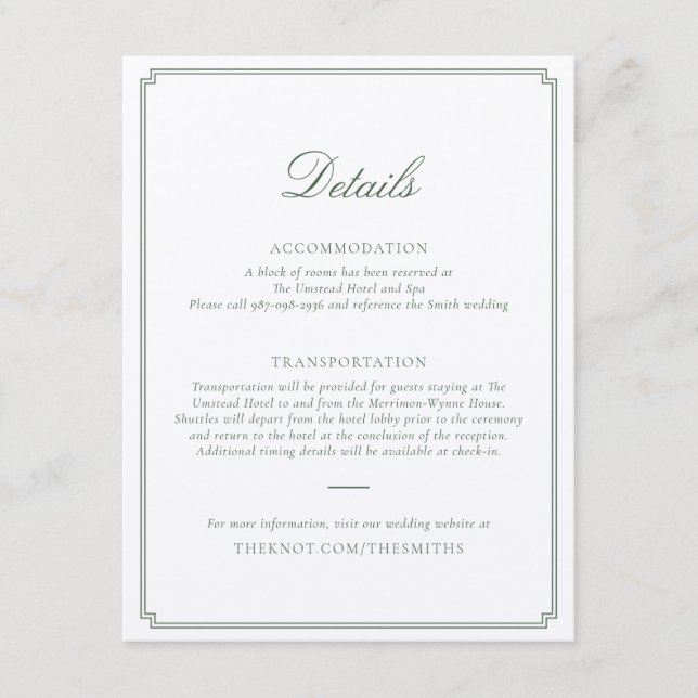 Cartão De Informações Dark Green Wedding Enclosure Card (Frente)