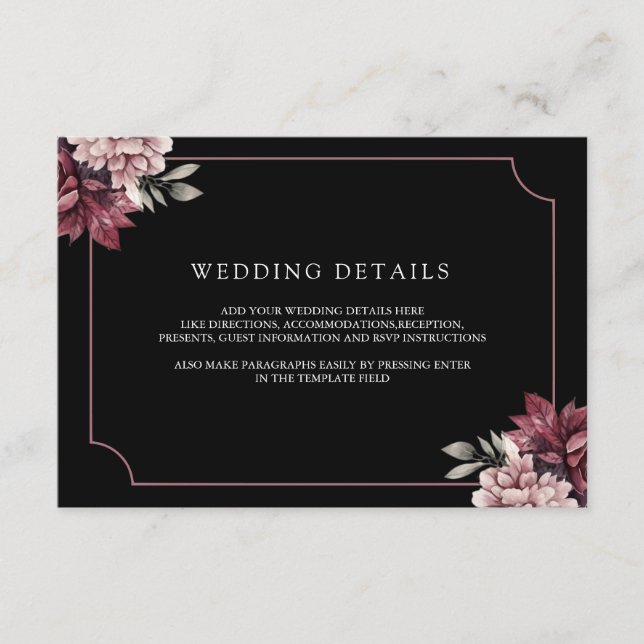 Cartão De Informações Dark Moody Floral Frame Black Wedding Details (Frente)