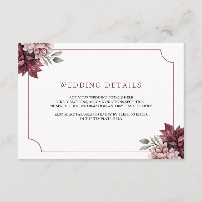 Cartão De Informações Dark Moody Floral Frame Wedding Details (Frente)