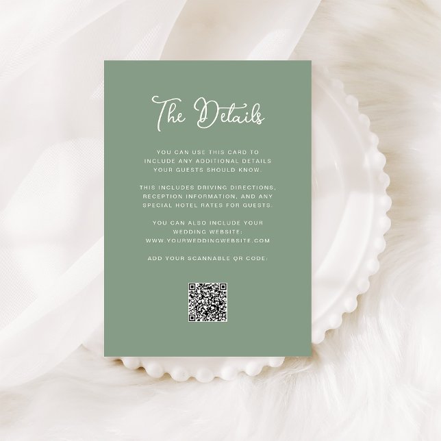 Cartão De Informações Dark Sage Green Wedding Details QR Code (A dark sage green wedding details card with a QR code)