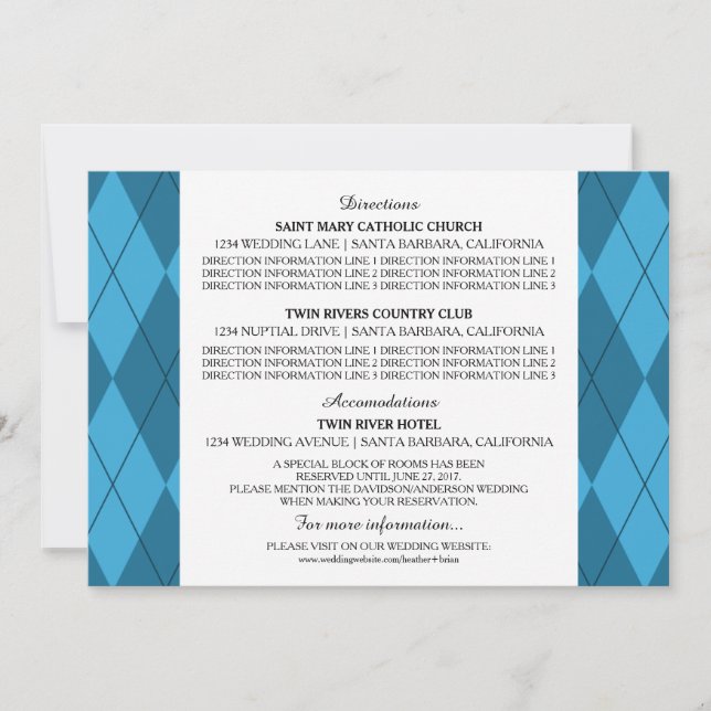 Cartão de Informações de Casamento Blue Argyle (Frente)