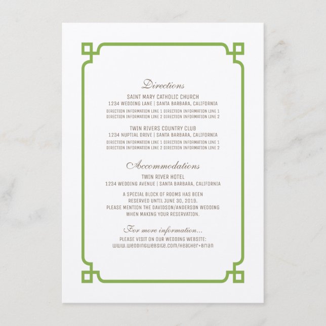 Cartão de Informações de Casamento Chic Deco Green (Frente)