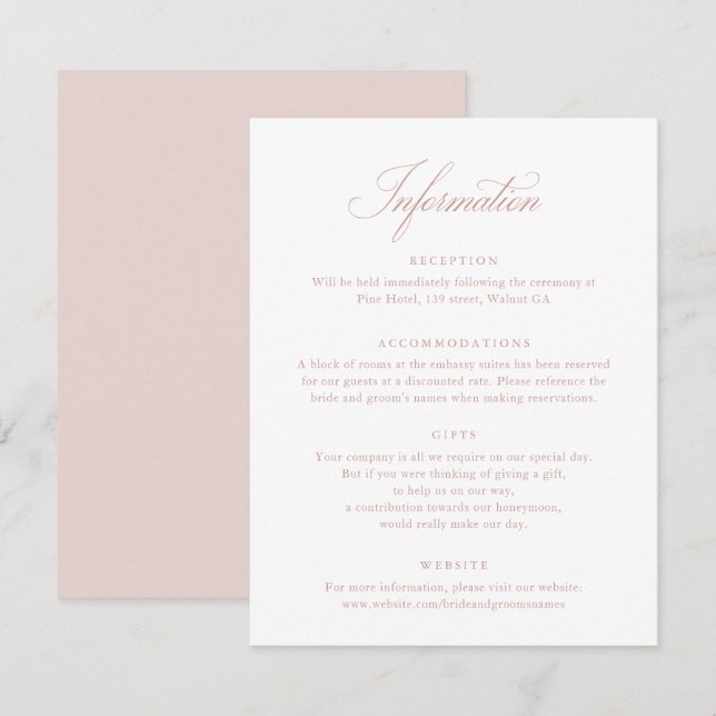 Cartão de Informações de Casamento Cor-de-Rosa Blu (Frente/Verso)