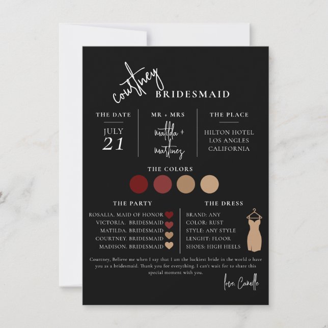 Cartão de Informações de Dama de Honra com Letra M (Frente)