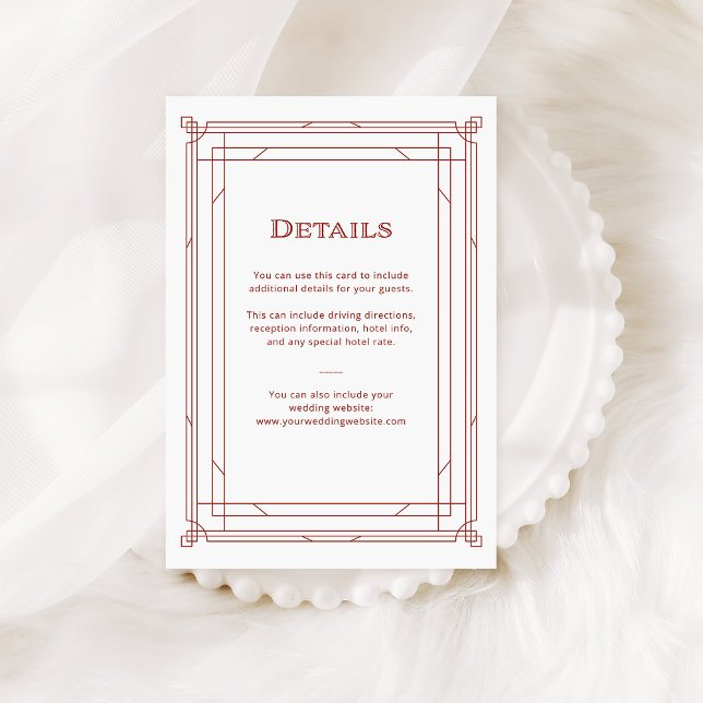 Cartão De Informações Deco Moderno | Detalhes do Convidado para Casament (An elegant, red and white art deco style guest details card for your holiday wedding)