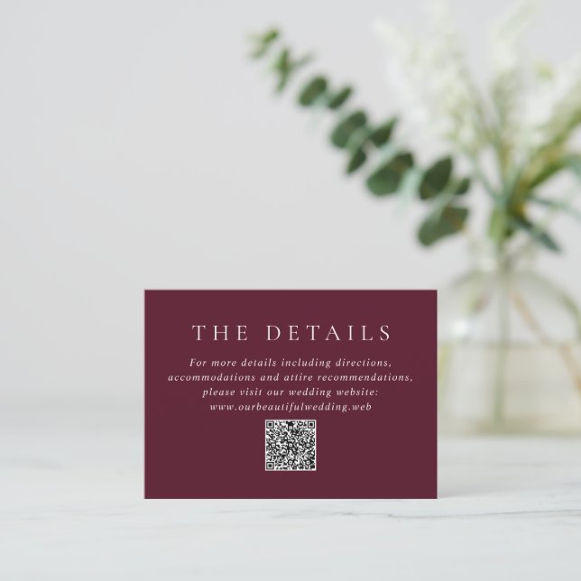 Cartão De Informações Deep Burgundy Elegant QR Code Classic Wedding (Em pé/Frente)