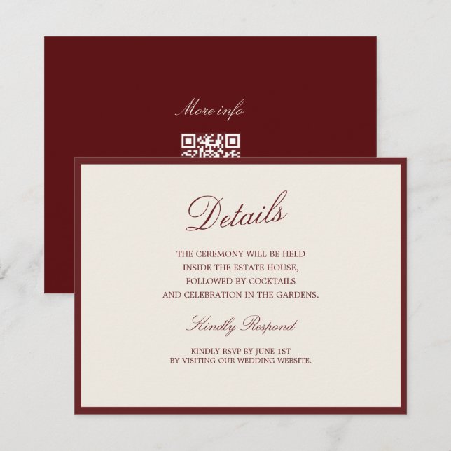 Cartão De Informações Deep Wine Old Money QR Wedding Details Card (Frente/Verso)