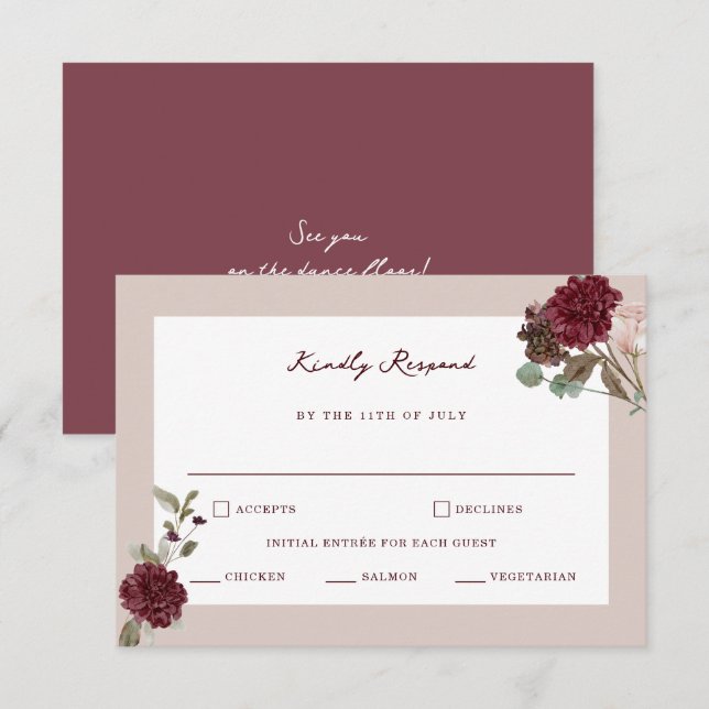 Cartão De Informações Deep Wine Old Money Wedding RSVP Card (Frente/Verso)