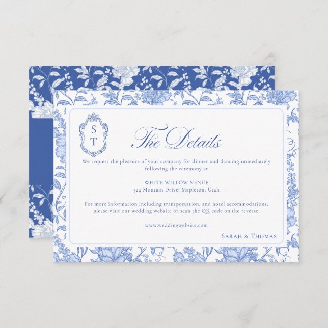 Cartão De Informações Delft Blue Floral Chinoiserie Monogram Wedding (Frente/Verso)