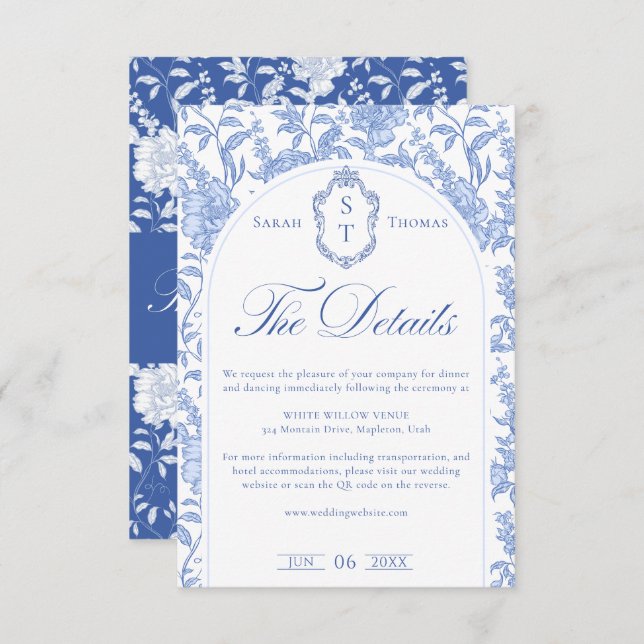 Cartão De Informações Delft Blue Floral Chinoiserie Monogram Wedding (Frente/Verso)