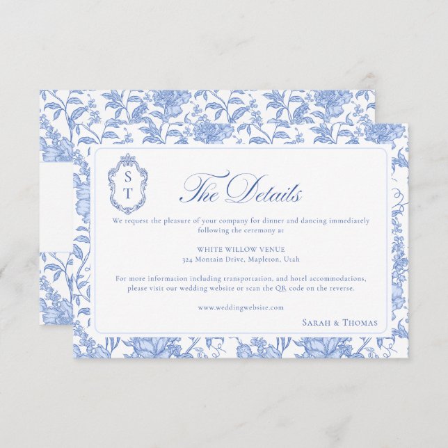 Cartão De Informações Delft Blue Floral Chinoiserie Monogram Wedding (Frente/Verso)