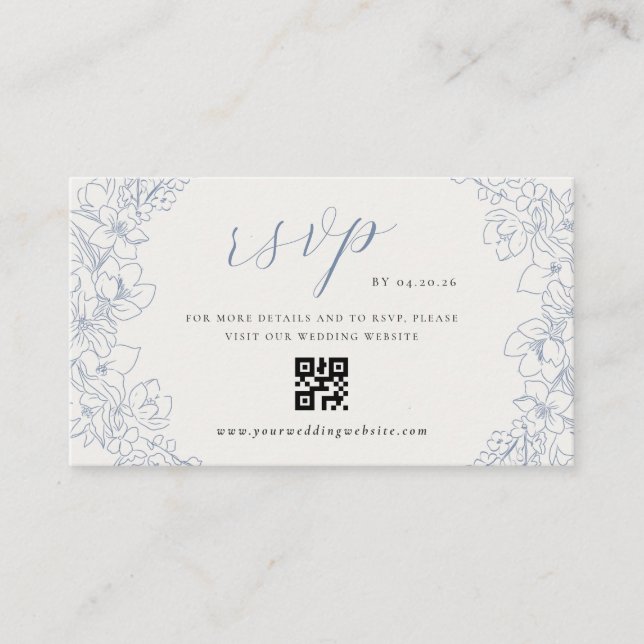 Cartão De Informações Delicate Blue Floral Wedding QR code RSVP (Frente)