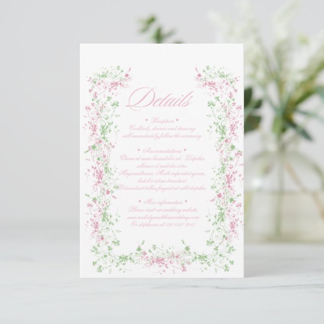 Cartão De Informações Delicate French Flora Crest Wedding (Em pé/Frente)