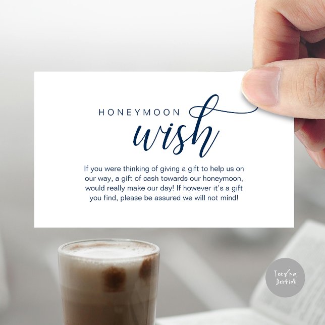 Cartão De Informações Desejo de Lua de Casamento, Fundo, Dinheiro, Cláss (Wedding Honeymoon Wish, Fund, Cash, Modern Classy Enclosure Card, Navy Blue)