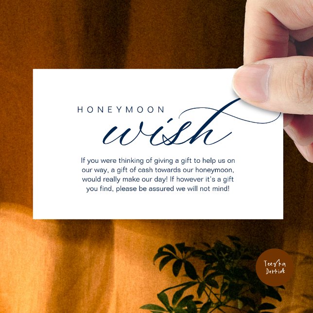 Cartão De Informações Desejo de Lua de Casamento, Fundo, Dinheiro, Cláss (Wedding Honeymoon Wish, Fund, Cash, Modern Classy Enclosure Card, Navy Blue)