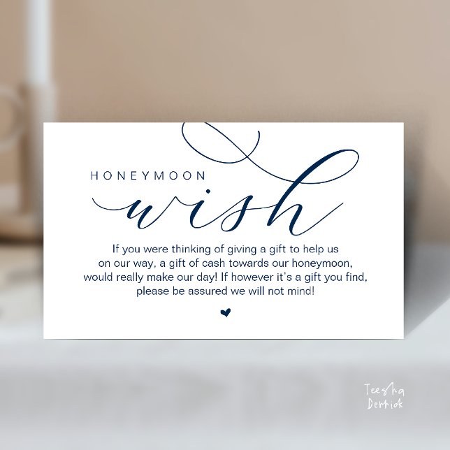Cartão De Informações Desejo de Lua de Mel, elegância moderna minimalist (Wedding Honeymoon Wish, Cash, Modern elegance minimal Enclosure Card cute heart in Classy Navy Blue)