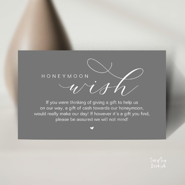 Cartão De Informações Desejo de Lua de Mel, Moderno e Elegante (Wedding Honeymoon Wish, Cash, Modern elegance minimal Enclosure Card cute heart in Dark Grey)
