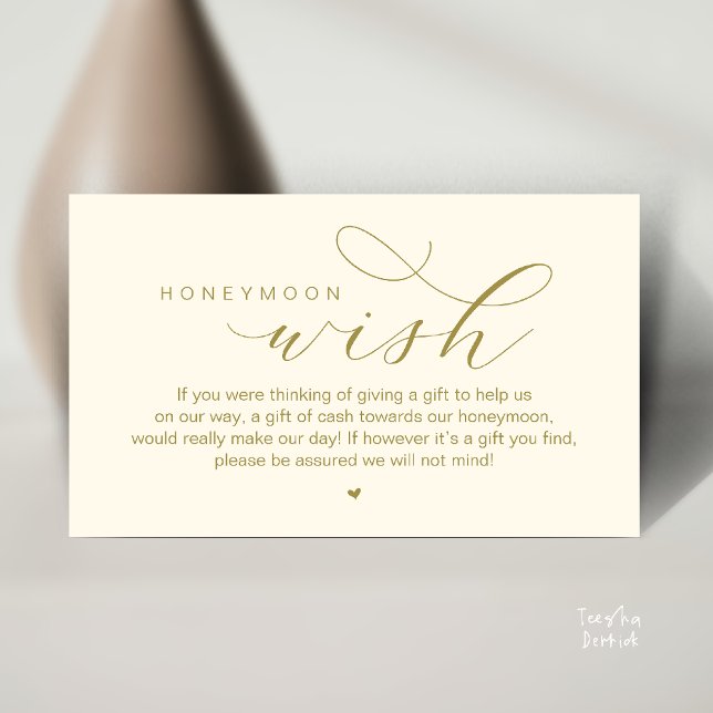 Cartão De Informações Desejo de Lua de Mel, Moderno e Elegante (Wedding Honeymoon Wish, Cash, Modern elegance minimal Enclosure Card cute heart in Yellow Gold)