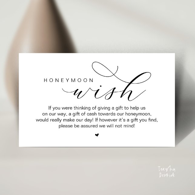 Cartão De Informações Desejo de Lua de Mel, Moderno e Elegante  (Wedding Honeymoon Wish, Cash, Modern elegance minimal Enclosure Card cute heart in Black White)