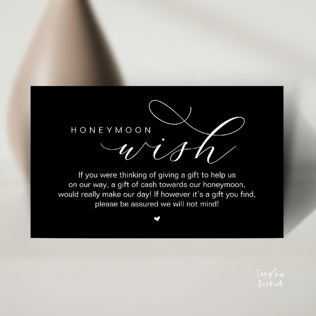 Cartão De Informações Desejo de Lua de Mel, Moderno e Elegante  (Wedding Honeymoon Wish, Cash, Modern elegance minimal Enclosure Card cute heart in Black White)