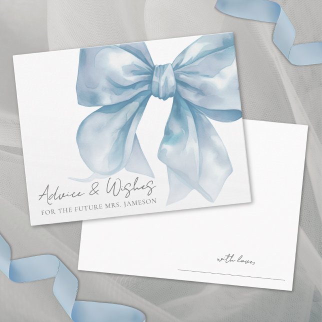 Cartão De Informações Desejos de Conselhos de Chá de panela Azul (Blue Bow Bridal Shower Advice Wishes Enclosure Card)