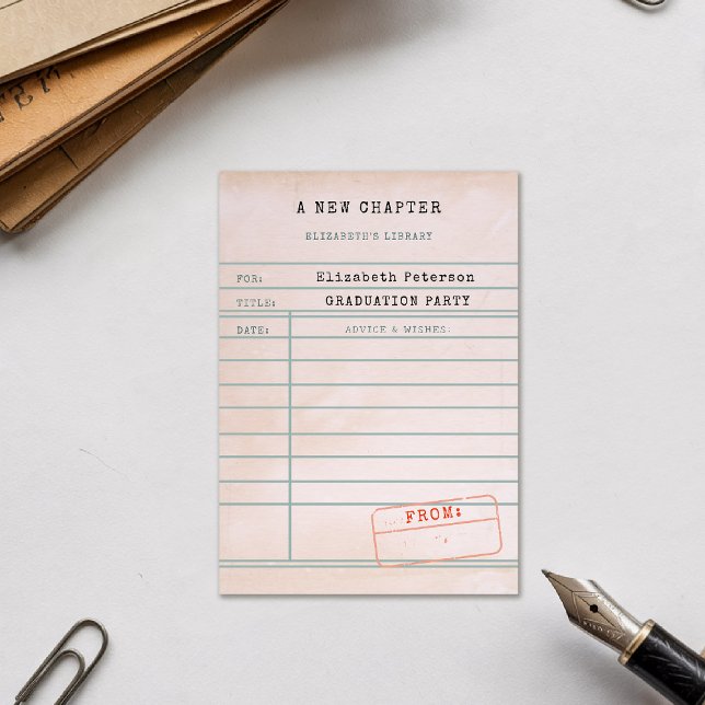 Cartão De Informações Desejos de Graduação de Placas de Biblioteca Vinta (graduation party advice wishes card vintage library card inspirational message personalized name)