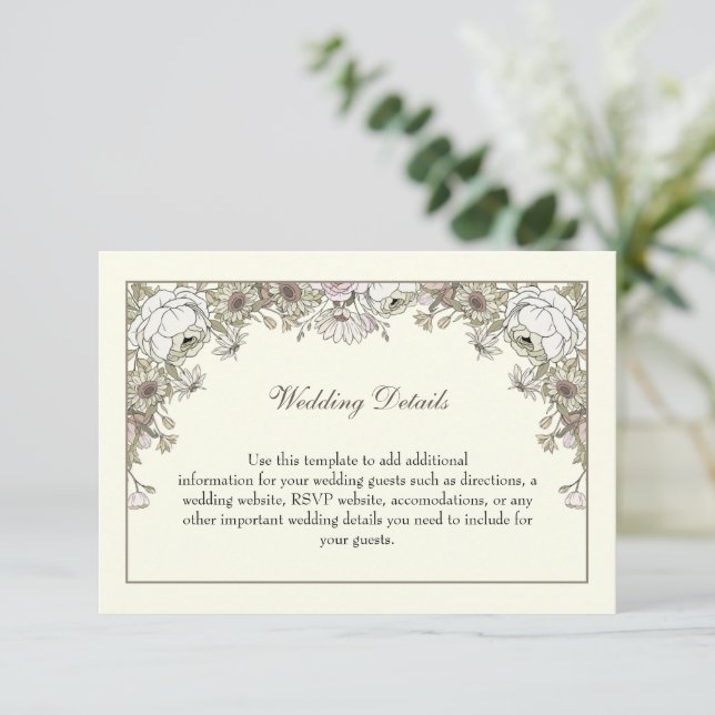 Cartão De Informações Desenho de flores marfim casamento romântico (Em pé/Frente)