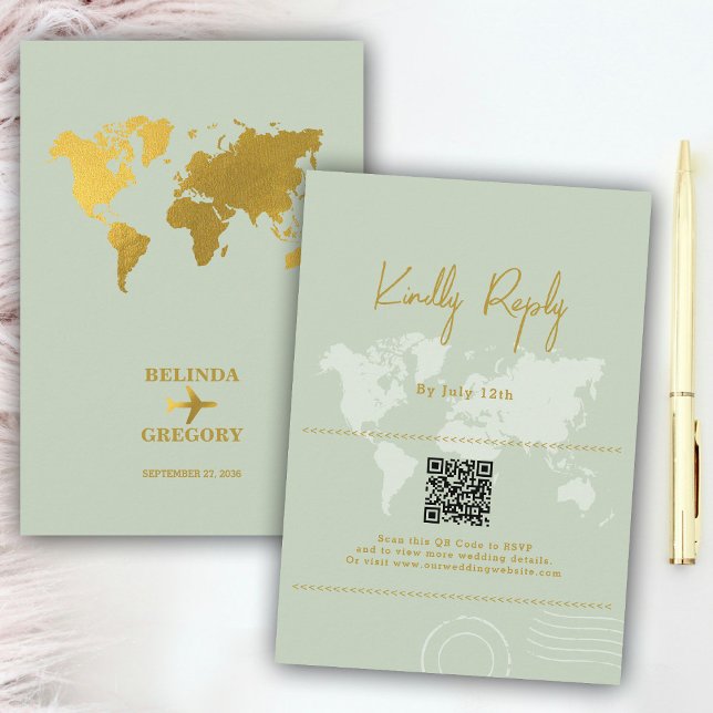 Cartão De Informações Destino Casamento do World Passport Sage Green Dou (Destination Wedding World Passport Sage Green Gold Enclosure Card)