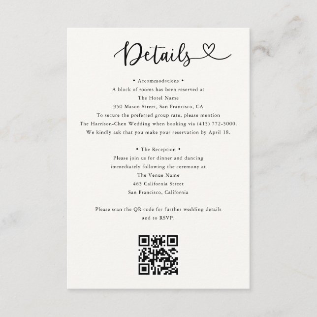 Cartão De Informações Details Heart QR Code RSVP Wedding  Enclosure Card (Frente)