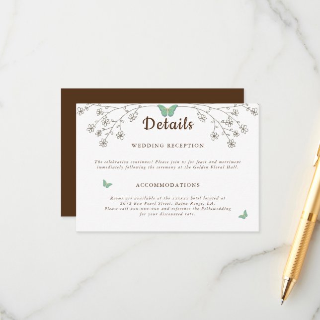 Cartão De Informações Detalhe da Borboleta Dourada Escura Elegante (Frente/Verso In Situ)