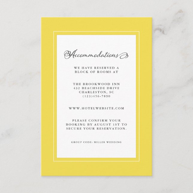 Cartão De Informações Detalhe de Casamento Amarelo e Branco Moderno Fron (Frente)