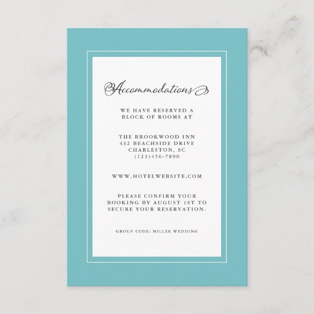 Cartão De Informações Detalhe de Casamento Aqua e Branco Bordas Modernas (Frente)