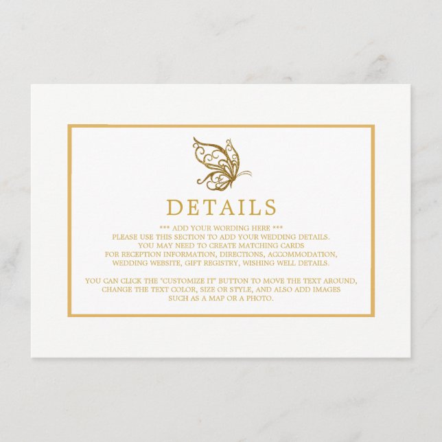 Cartão De Informações Detalhe de Casamento Borboleta com Brilho Dourado  (Frente)