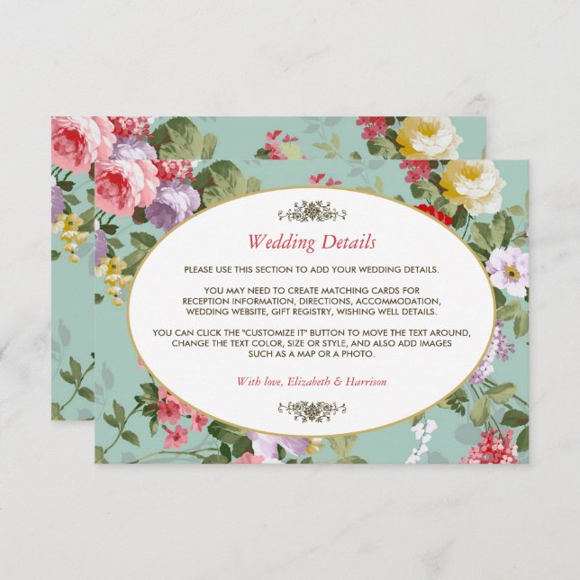 Cartão De Informações Detalhe de Casamento Botânico do Jardim Floral da  (Frente/Verso)