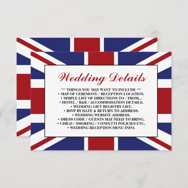 Cartão De Informações Detalhe de Casamento Britânico da Union Jack Flag (Frente/Verso)